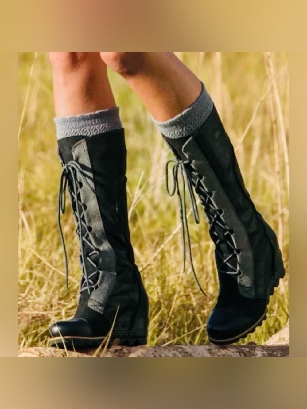 Sorel Cate The Great Black Suede Leather Tall Lace-up Wedge Winter Boot Size 6.5